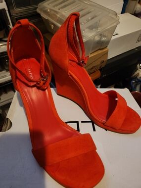 Aldo Bright Orange Suede Ankle-Strap Wedge Sandals